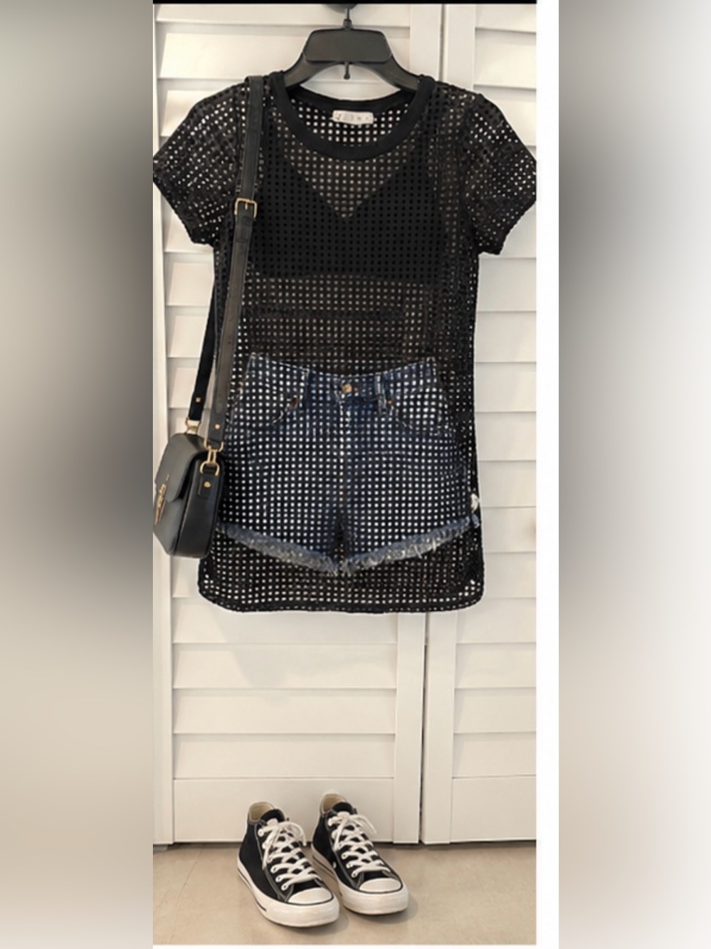 Black Mesh Short Sleeve Mini Dress by It Girl